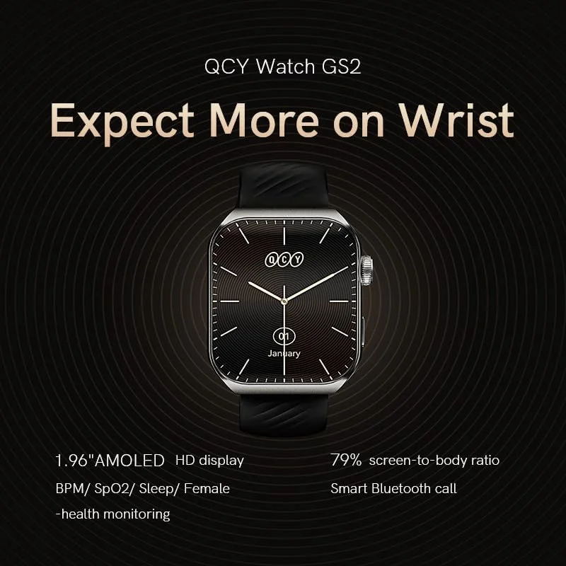 QCY GS2 smart watch strap and screen closeup 