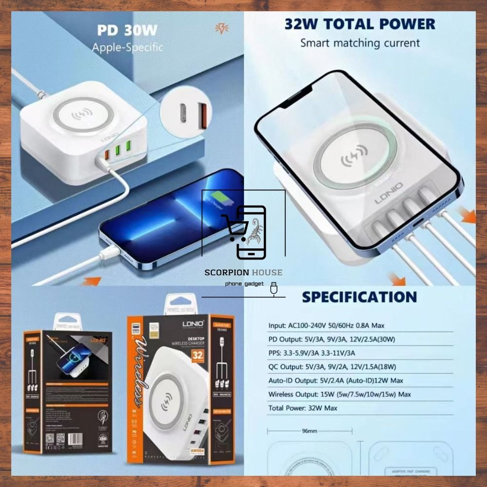 LDNIO AW004 32W Charging Station with 15W Wireless Charger. 