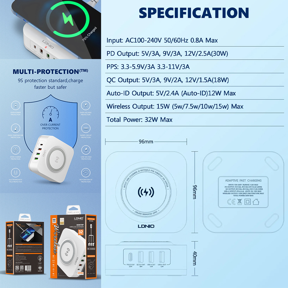 LDNIO AW004 32W Charging Station with 15W Wireless Charger. 