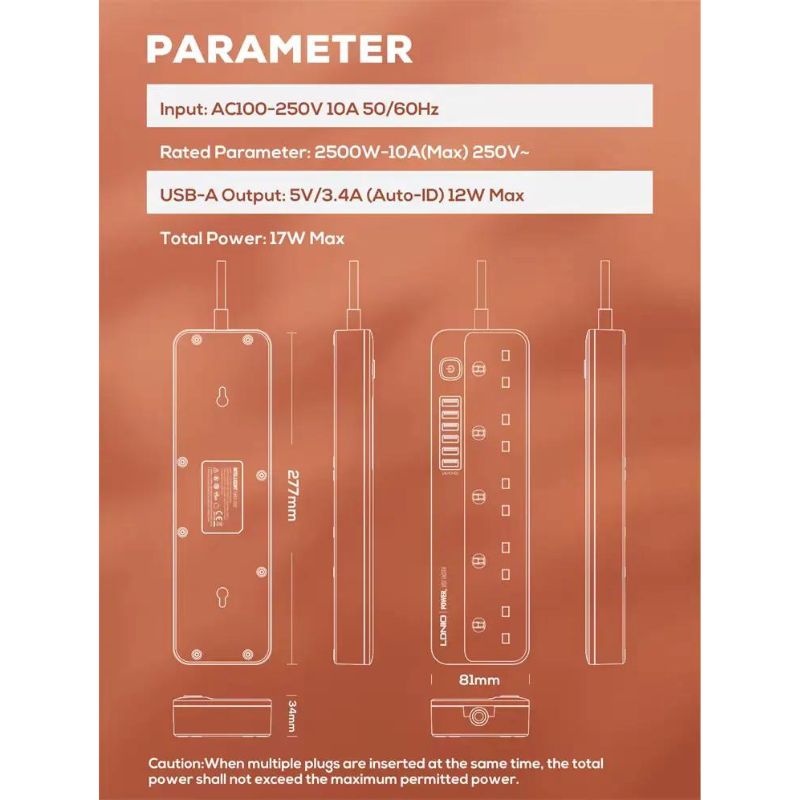 LDNIO Power Socket SK5691 With 5 AC Outlets And 6 USB Charging Ports.