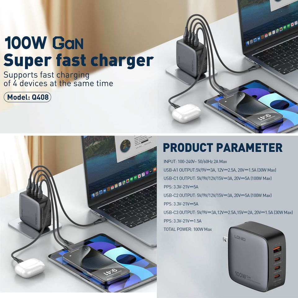 LDNIO Q408 100W 4-Ports GaN Super Fast Charger.