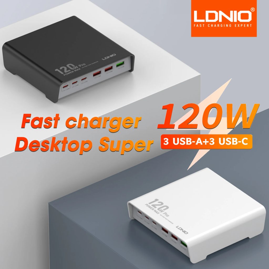 LDNIO Q605 120w 6 Port USB C Charging Station.