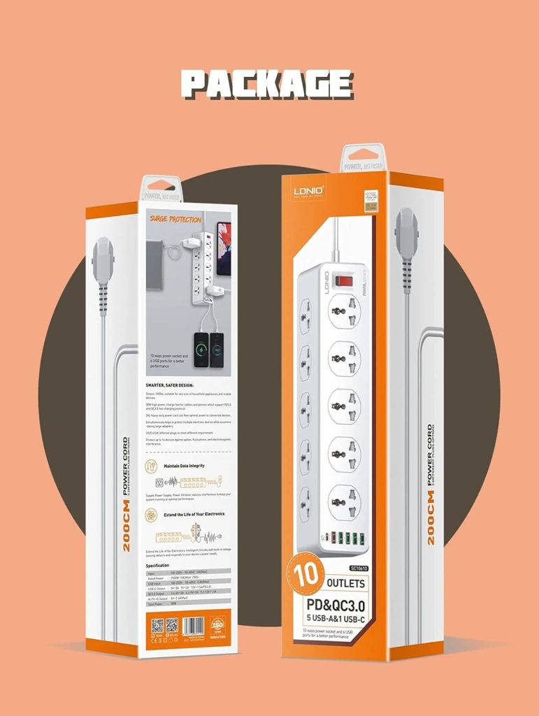 LDNIO SC10610 30W 10 Port + 1PD + 1QC + 4USB Universal Power Socket.