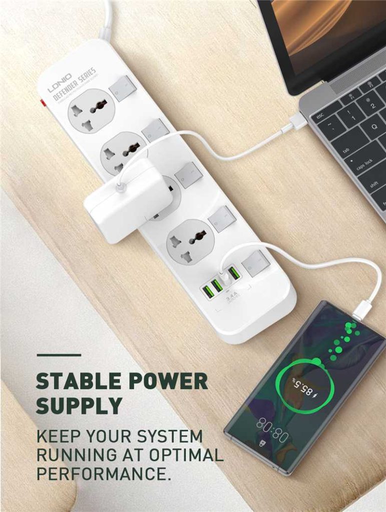 LDNIO SC4408 DEFENDER SERIES 4 Power Socket 4 USB 3.4A 2500W Power Strip.