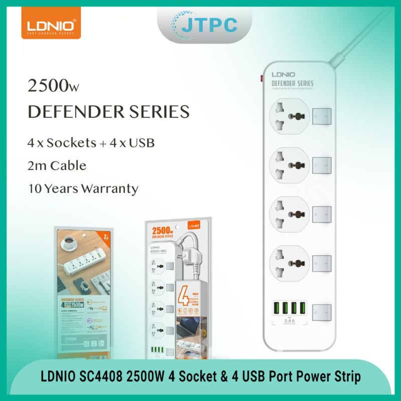 LDNIO SC4408 DEFENDER SERIES 4 Power Socket 4 USB 3.4A 2500W Power Strip.