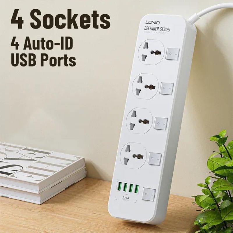 LDNIO SC4408 DEFENDER SERIES 4 Power Socket 4 USB 3.4A 2500W Power Strip.