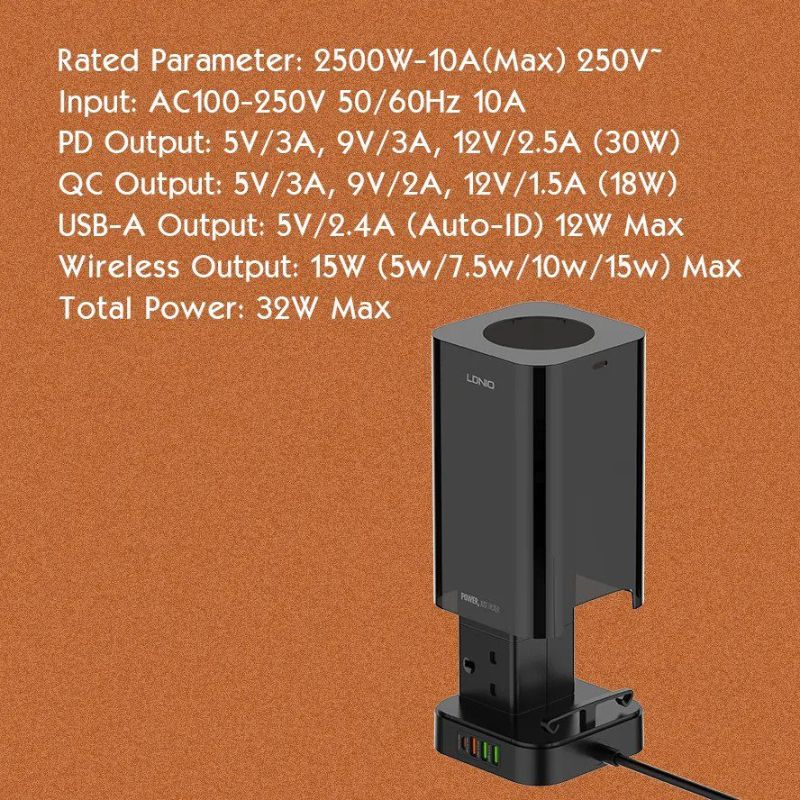 LDNIO SKW6457 6 Outlet USB Tower Extension Power Socket with 15W Wireless Charger.