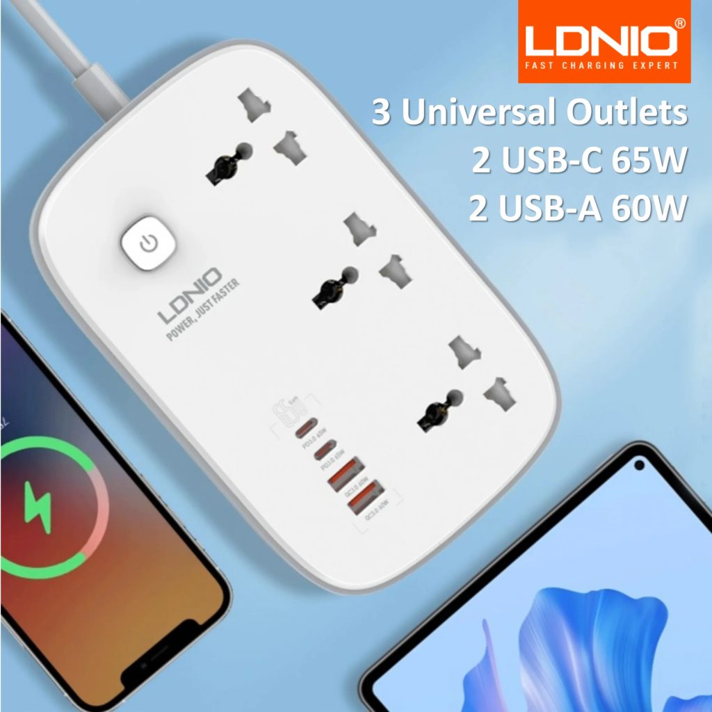 LDNIO SC3416 Power Strip 65W 3 Sockets With 4 Port Charger.