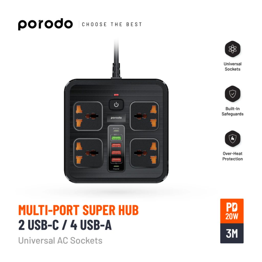 Porodo 6 AC Multi-Port Super Hub - 3000W UK Power