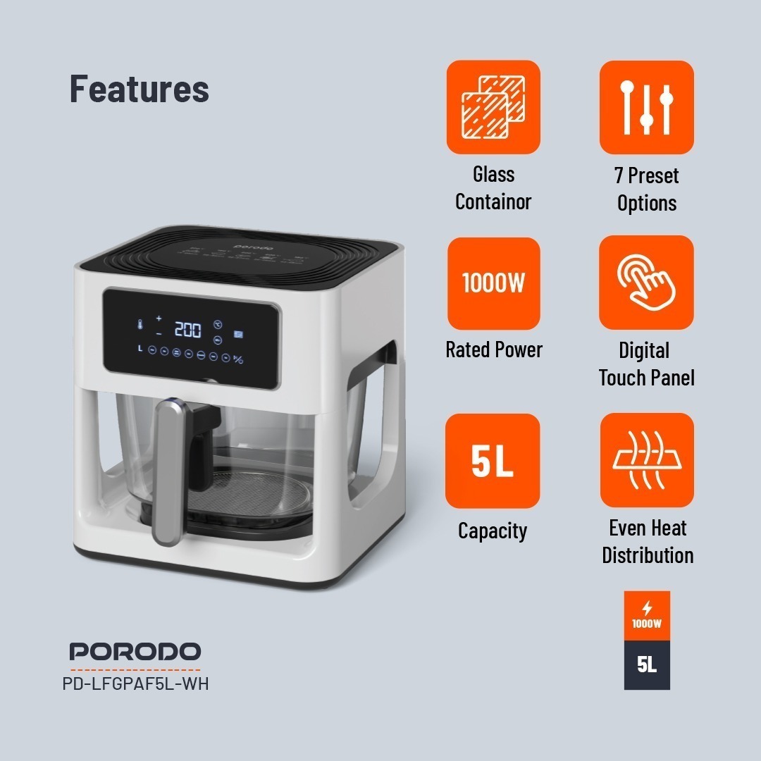 Efficient cooking with Porodo LifeStyle 5L Glass Pot Air Fryer, Bangladesh