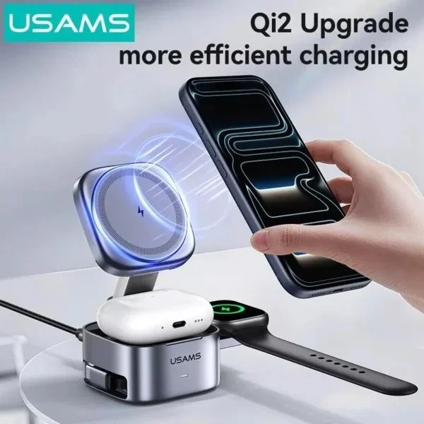 USAMS CD257 Qi2 magnetic wireless charger for iPhone Apple Watch AirPods
