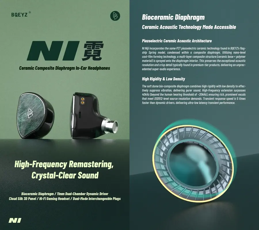 BQEYZ NI HiFi gaming IEM with 11mm ceramic bio-cellulose dynamic driver and detachable 2-pin cable.