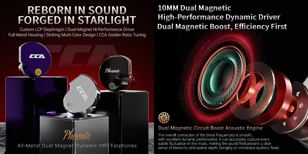 CCA Phoenix 10mm dual magnet dynamic driver Hi-Fi IEM earphones with CNC metal housing