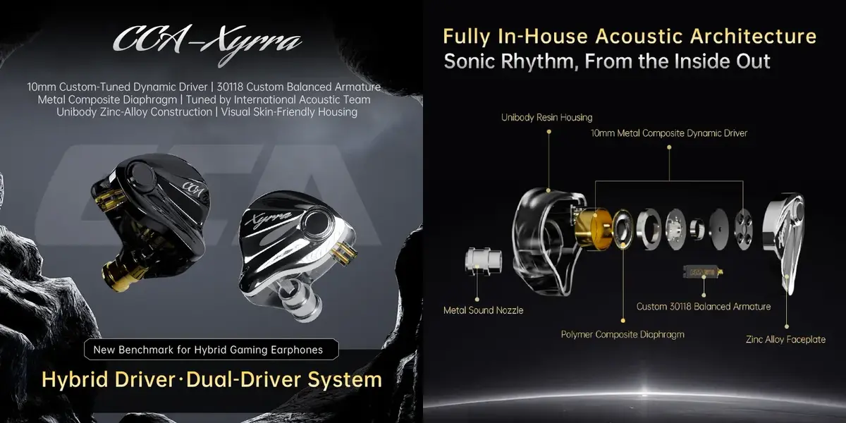 CCA Xyrra hybrid dual driver HiFi IEM earphones with 10mm dynamic driver and balanced armature for gaming and music