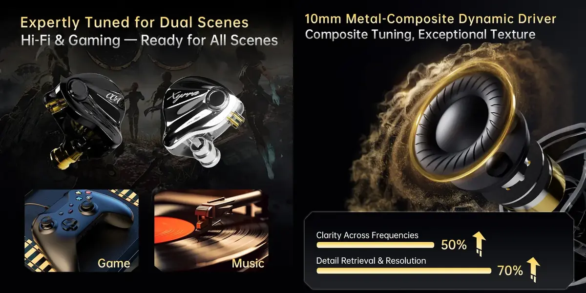 CCA Xyrra gaming IEM earphones featuring hybrid dynamic driver and balanced armature with detachable 2-pin cable