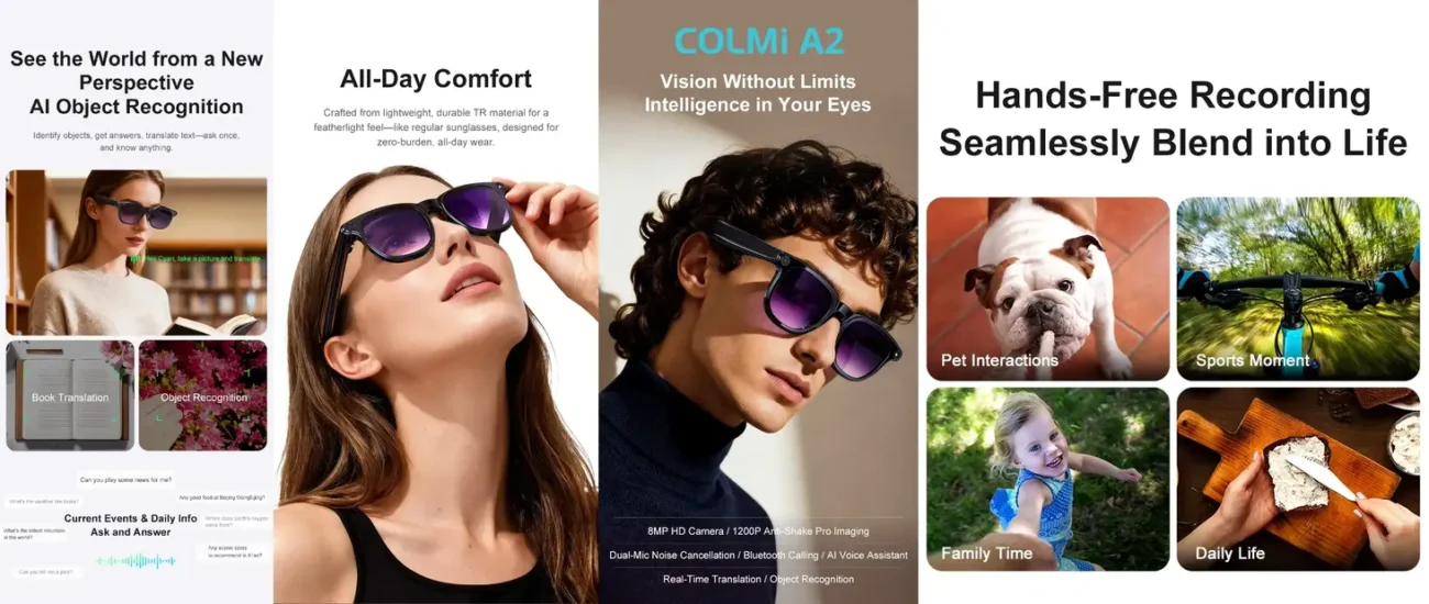 COLMI A2 AI Smart Glasses with 8MP camera, ChatGPT AI assistant, and 1200P HD video recording