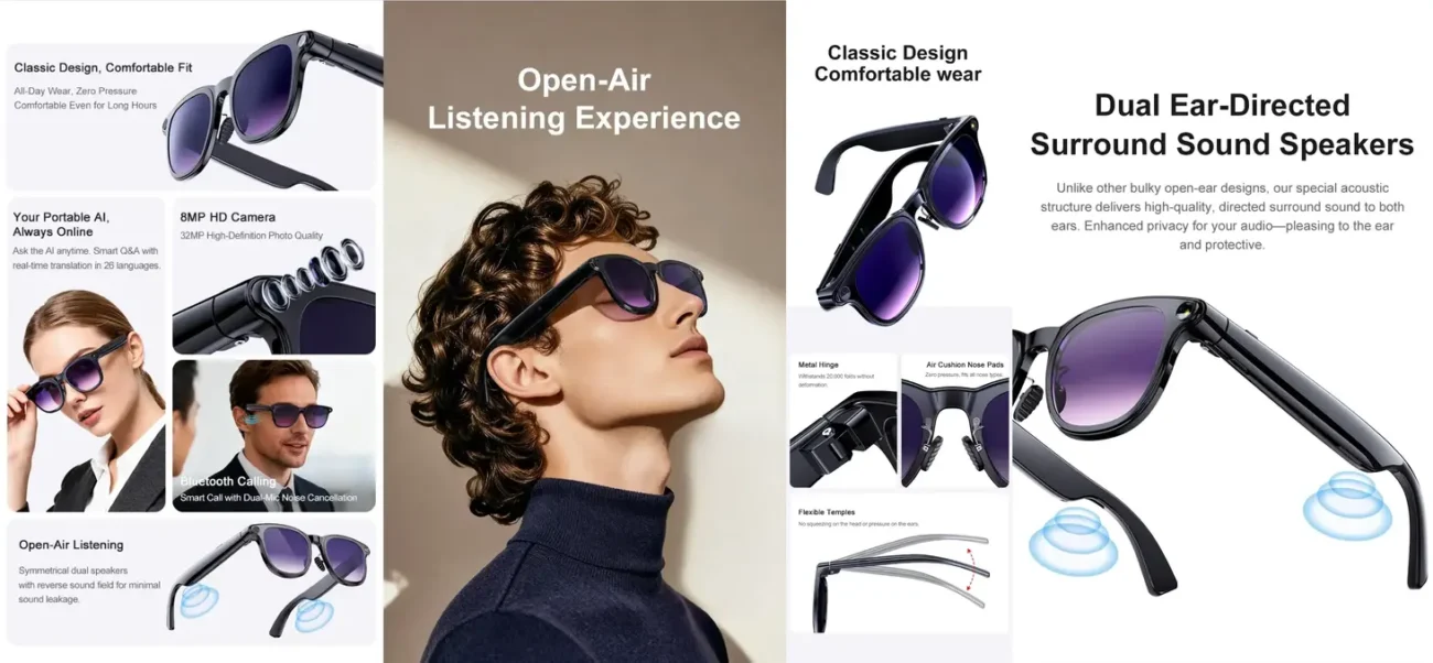 COLMI A2 AI camera glasses featuring ChatGPT 4.0, Bluetooth 6.0, and open-ear speakers