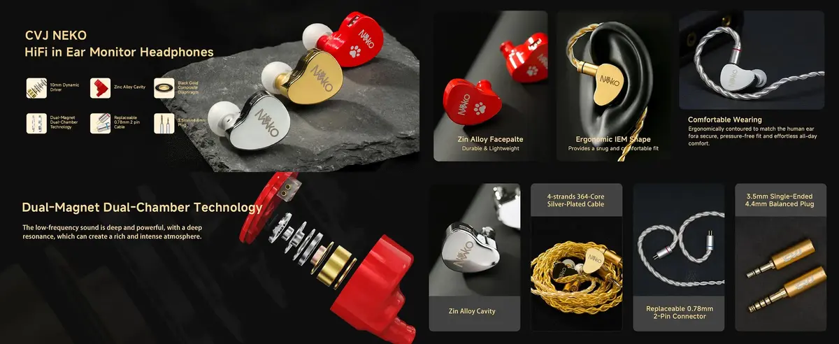 CVJ NEKO deep bass IEM with 10mm dual-magnet dynamic driver and 4.4mm balanced plug