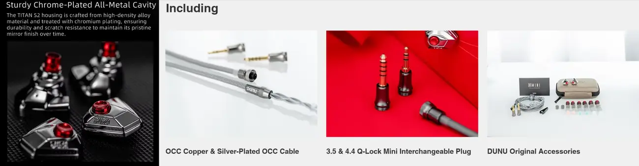 DUNU Titan S2 in-ear monitor featuring chrome-plated alloy housing and premium OCC silver-plated Litz cable