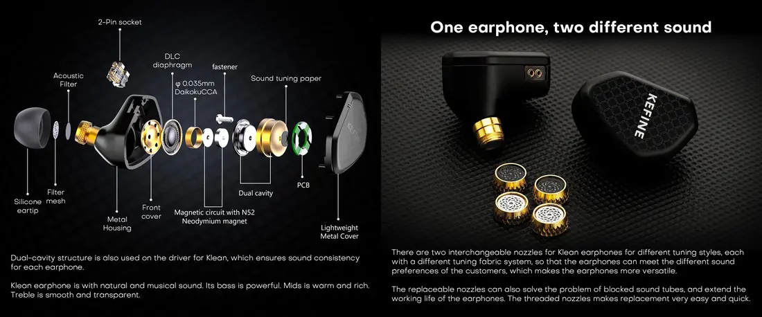 Kefine Klean HiFi IEM featuring 10mm Diamond-Like Carbon dynamic driver and dual-cavity acoustic design