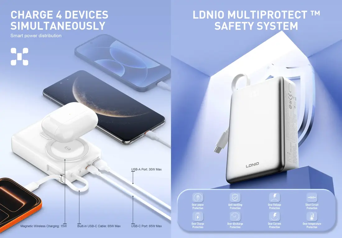 Front view of LDNIO PQ44 65W USB-C power bank with integrated charging cable
