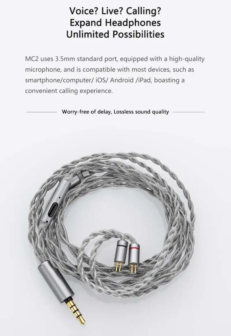 Moondrop MC2 braided HiFi earphone upgrade cable with in-line mic, 3.5mm connector, and 0.78mm 2-pin compatibility