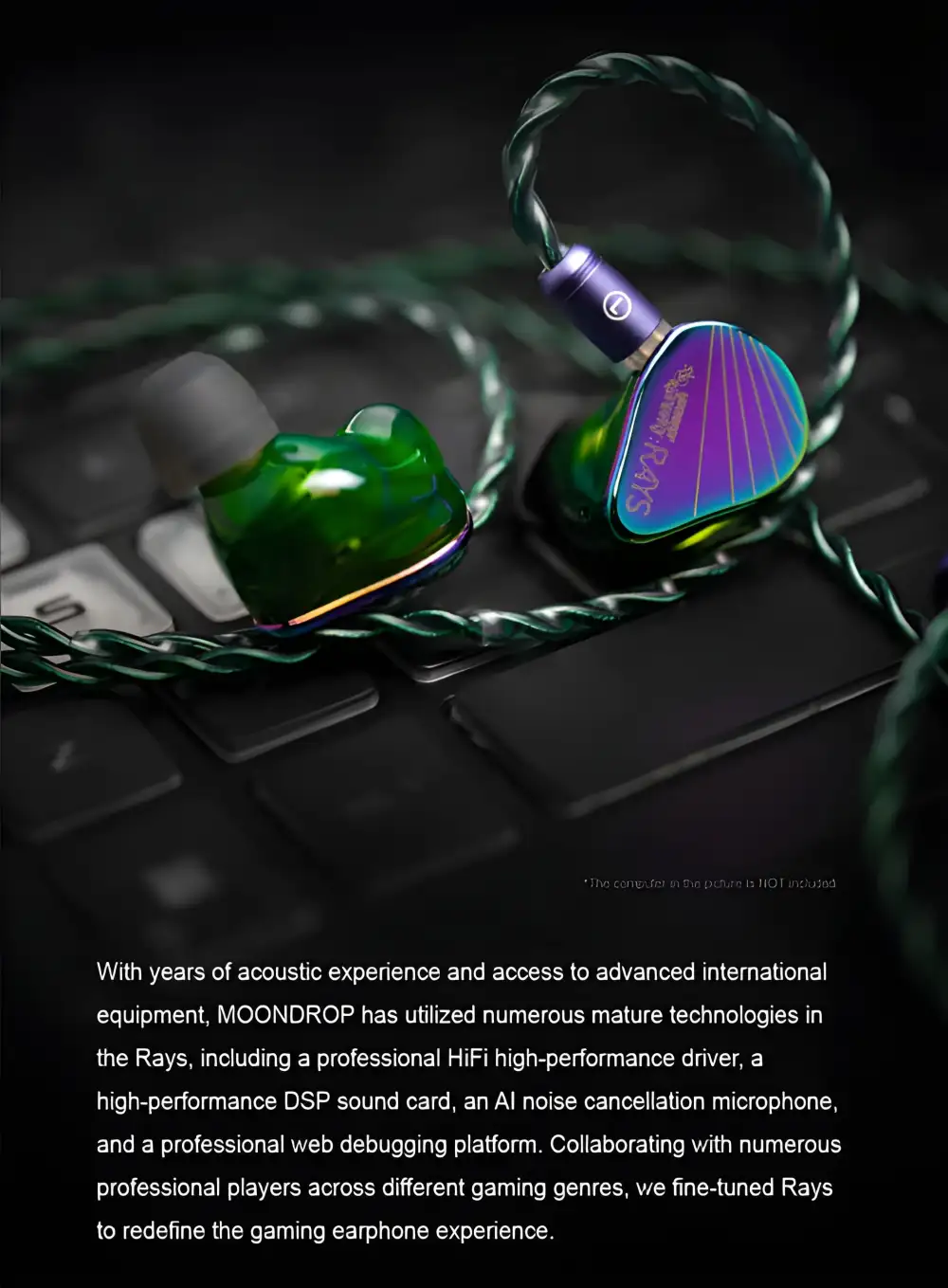 MOONDROP RAYS hybrid gaming IEM with 10mm sapphire dynamic driver, 6mm planar driver, USB-C DSP, and AI noise cancelling microphone