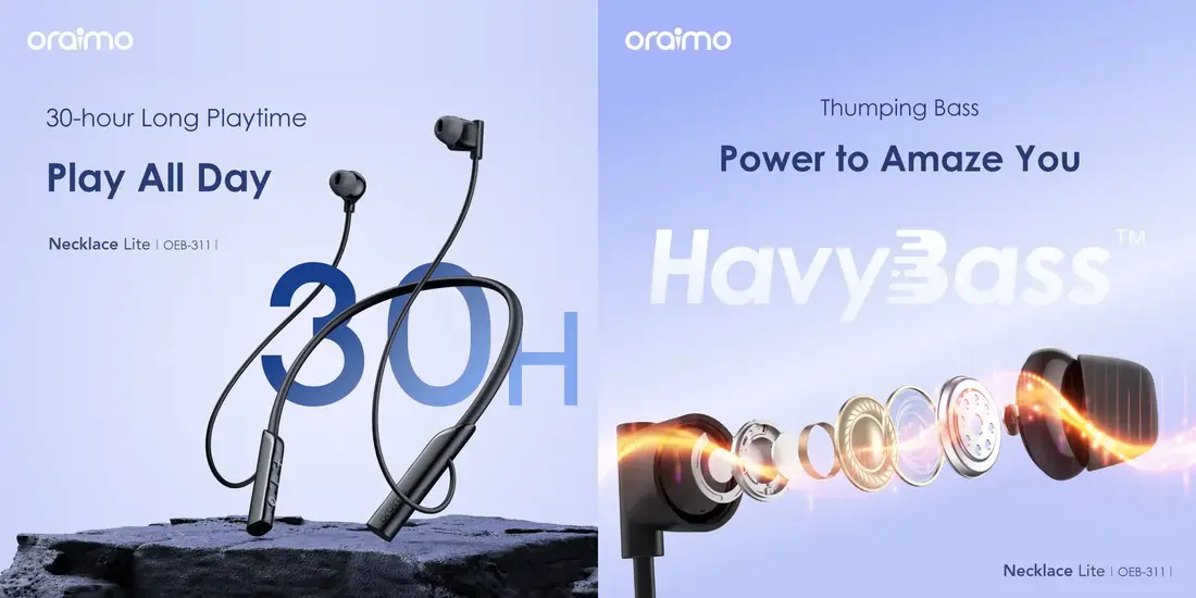 Oraimo OEB-311 Necklace Lite wireless neckband earphones with Bluetooth 5.3 and ENC
