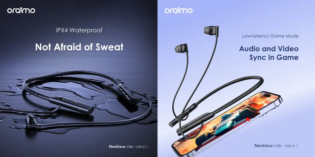 Oraimo OEB-311 ENC neckband earphones featuring 30H playback and dual device connection
