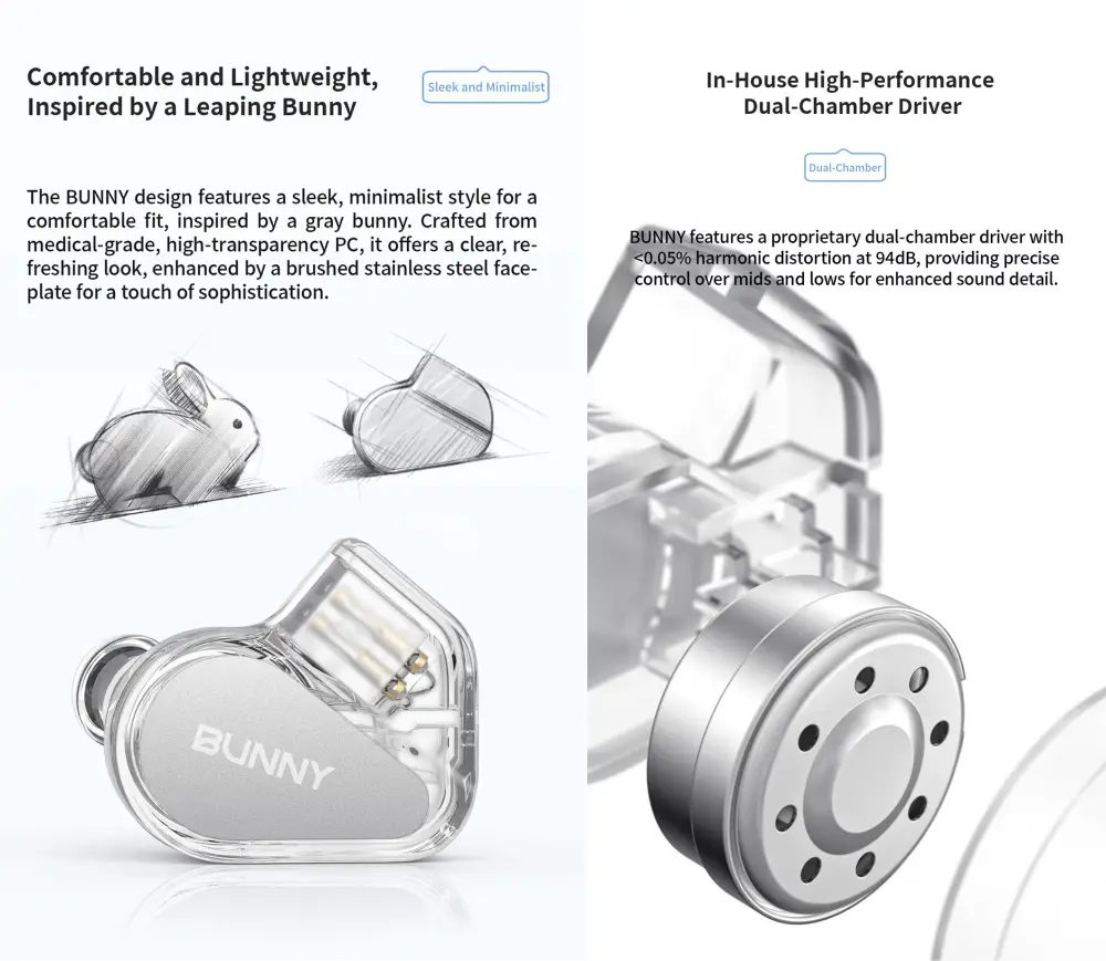TANCHJIM Bunny dual chamber dynamic driver IEM earphones with silver plated copper cable