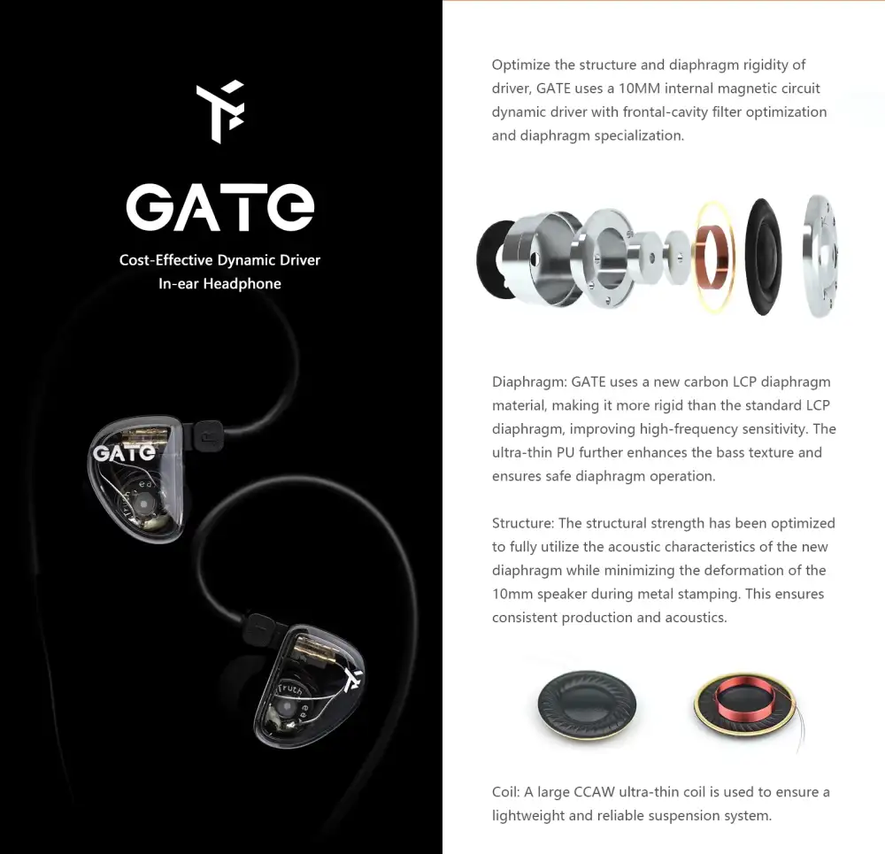 TRUTHEAR GATE 10mm Dynamic Driver IEM earphones with microphone and detachable OFC cable